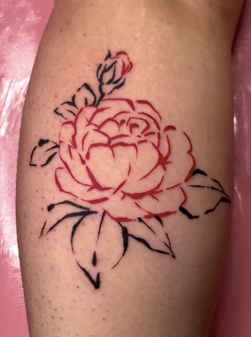 red and black minimalist Peony tattoo